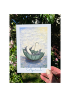 art print of a squirrel in an umbrella with a blue background