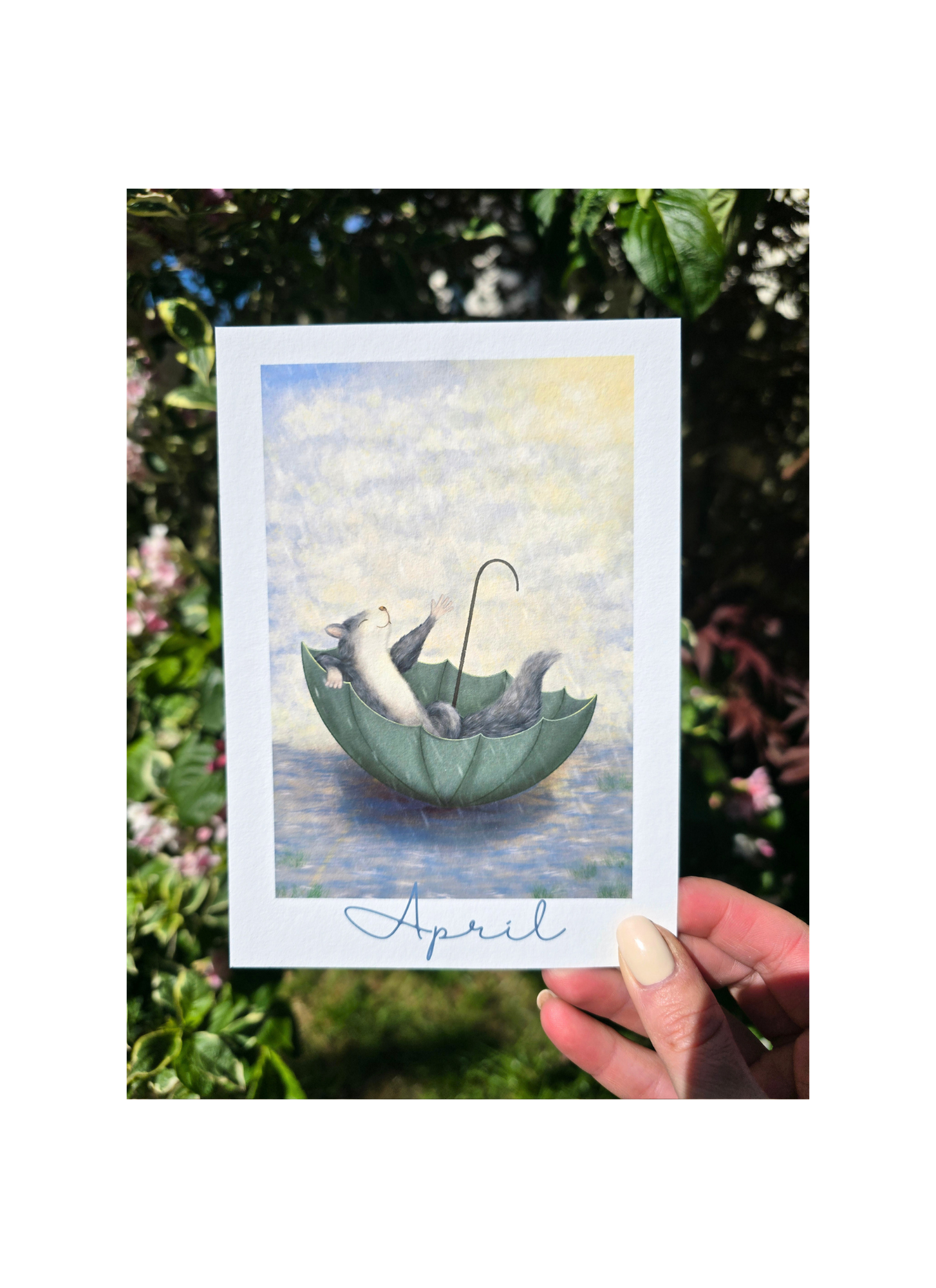 art print of a squirrel in an umbrella with a blue background