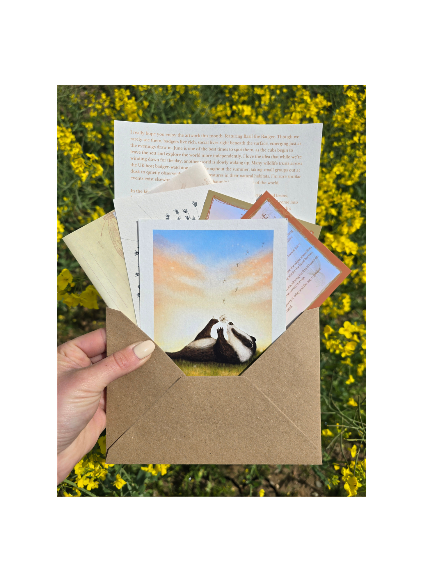 Hand holding a brown envelope with a card featuring a badger and dandelion design against a yellow flower field background.