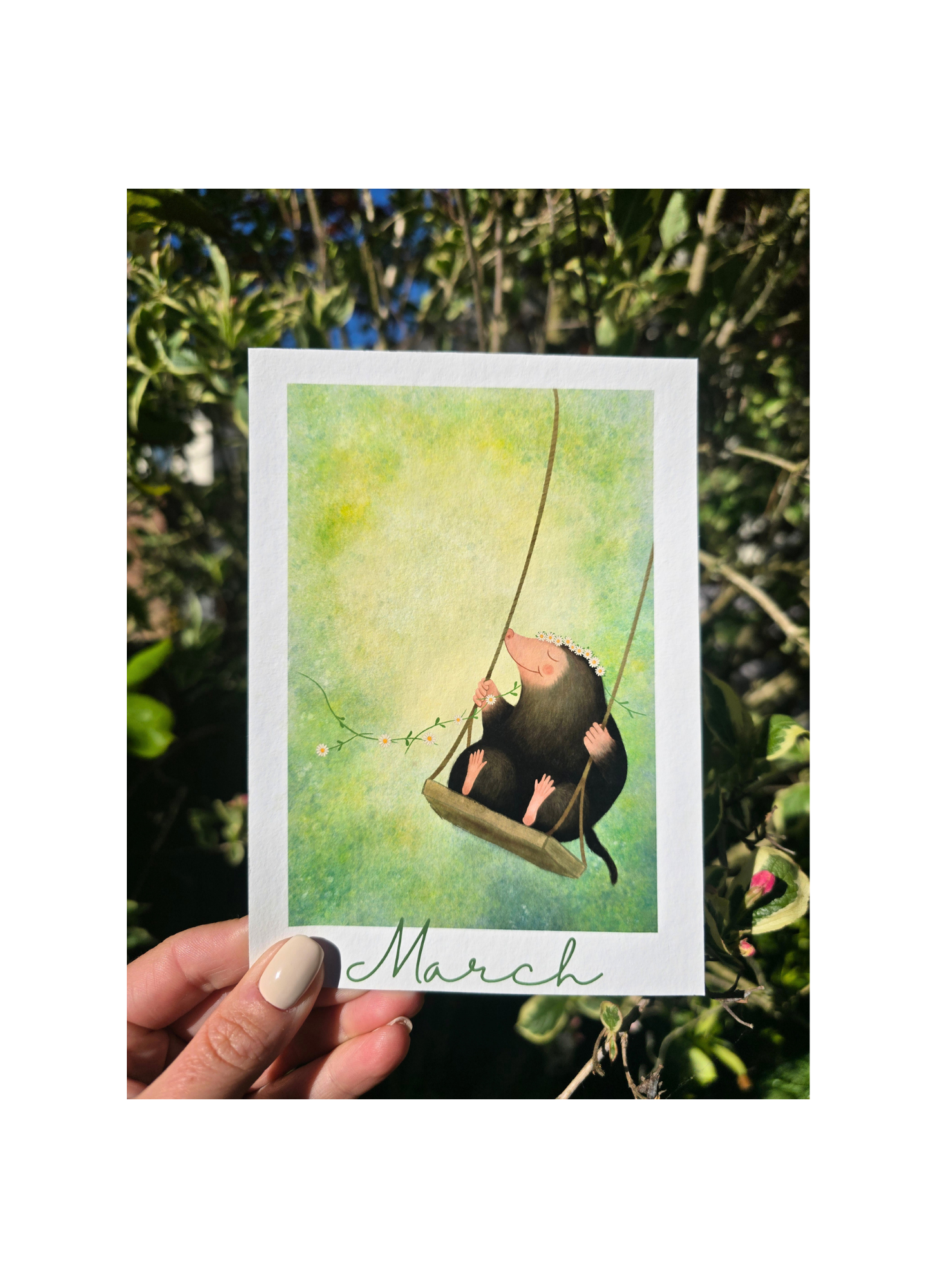 art print of a mole with a green background and a daisy chain crown