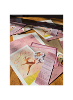 Pink art illustration of a hare and other cards and stickers