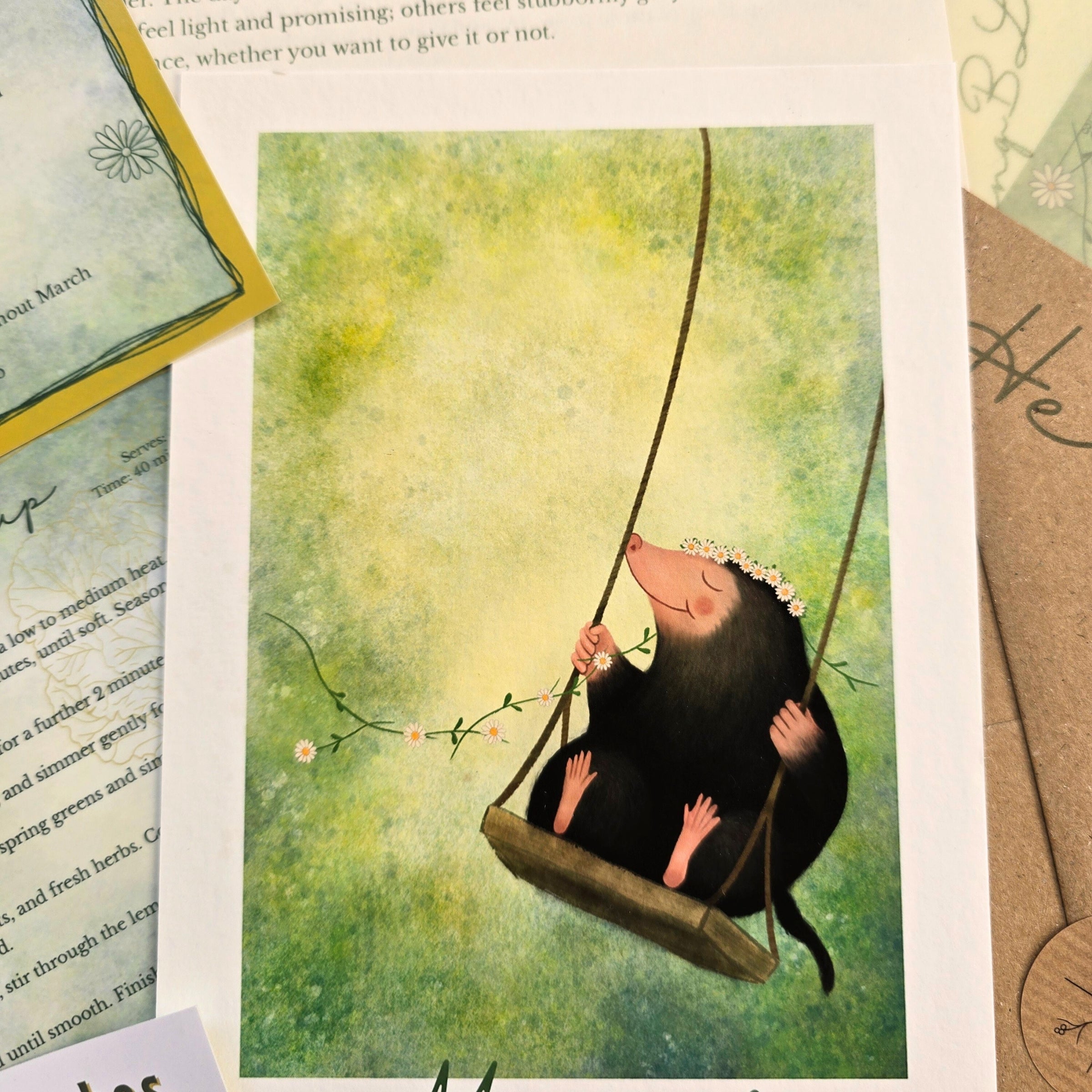 Illustration of a mole on a swing with a floral headband against a green background.