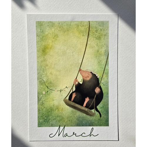 Illustration of a mole on a swing with 'March' text, framed against a textured white background.