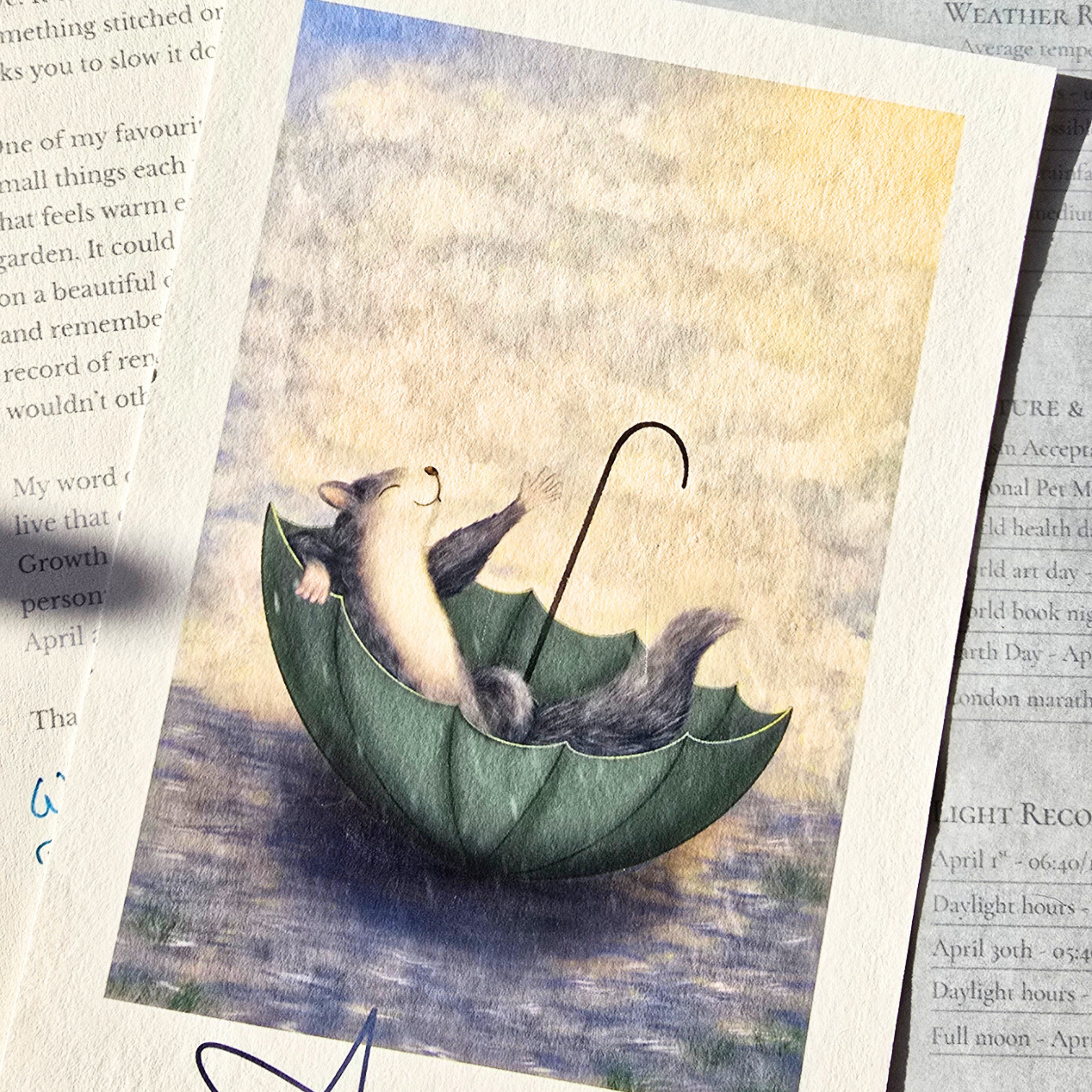Illustration of a squirrel inside an open green umbrella on a textured paper background.